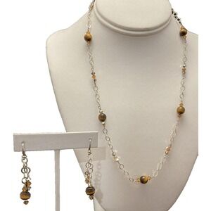 Young Again Sterling Silver 925 Tigers Eye 21'' Necklace & Earrings Set 14g Bead